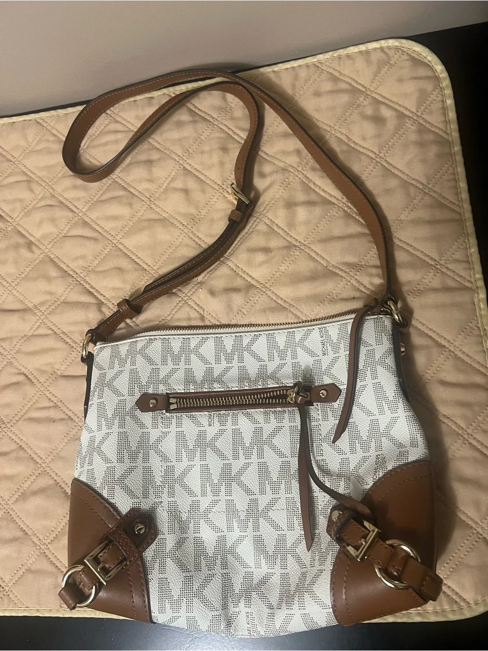 Michael Kors White and Brown MK Logo Crossbody with Leather Trim